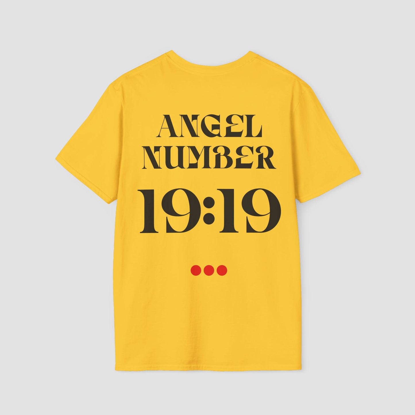 Yellow Tee with Angel Number 19:19 depicted on the back in black print and underscored by 3 red dots. A slogan is written across the front saying, "Read the signs" .