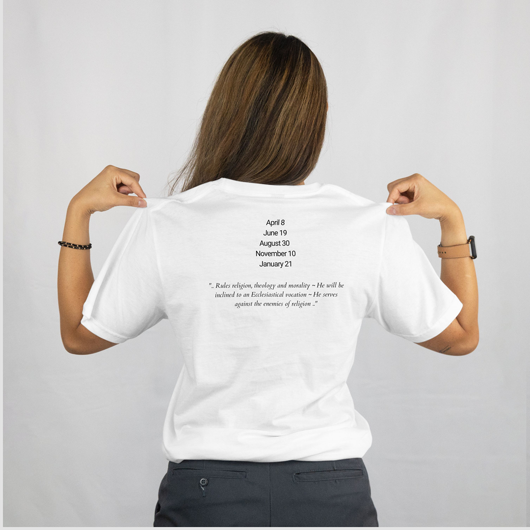 Attributes of No.20 PAHALIAH Shem Hamephorash Guardian Angel written on the back of a white T-Shirt.