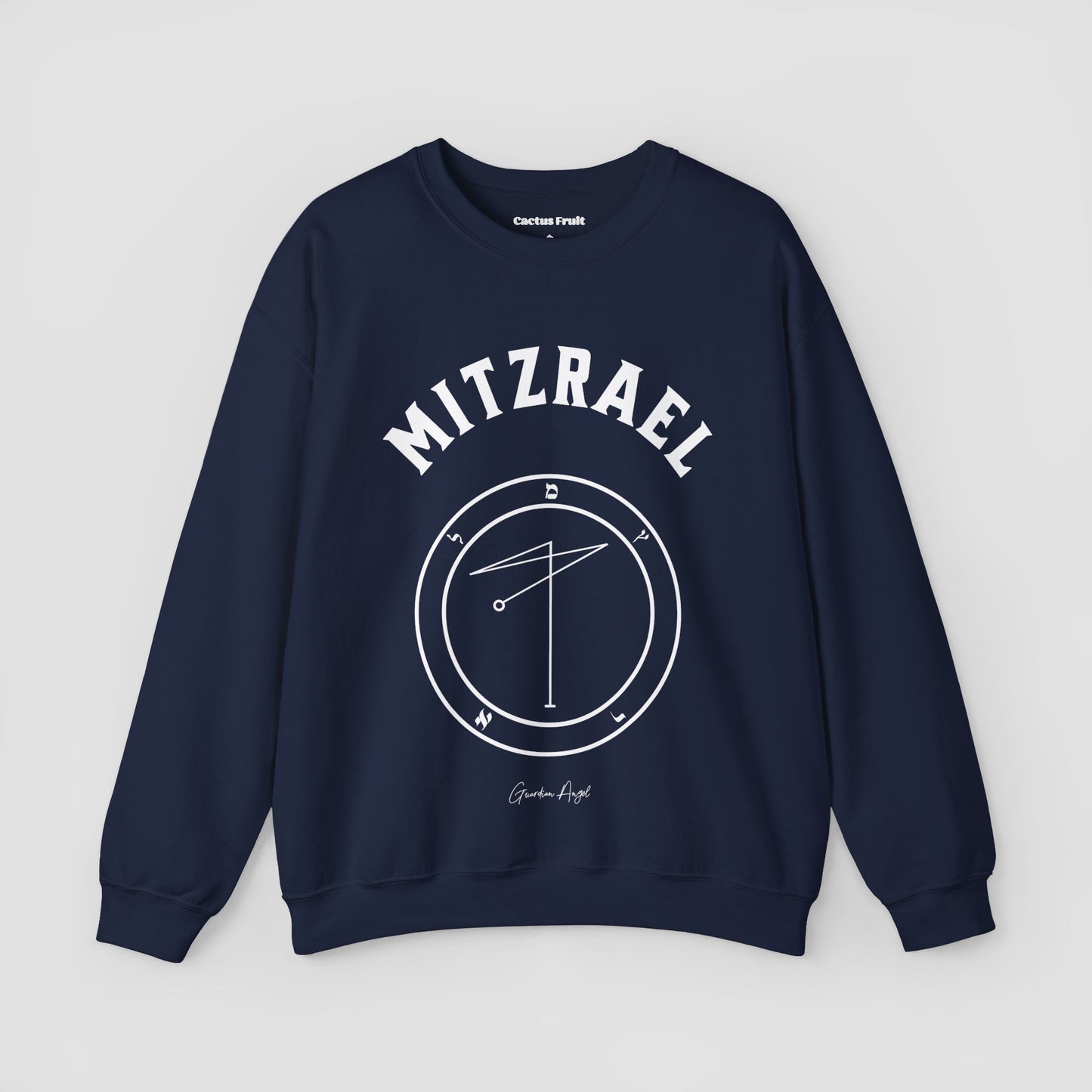No.60 Shemhamphorasch Guardian Angel "Mitzrael" Sweatshirt in Navy Blue. With the seal of Mitzrael in white print on the front.