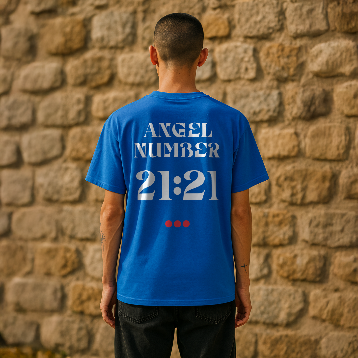 Model wearing a Royal Blue Tee with Angel Number 21:21 depicted on the back in white print and underscored by 3 red dots. A slogan is written across the front saying, "Read the signs" .