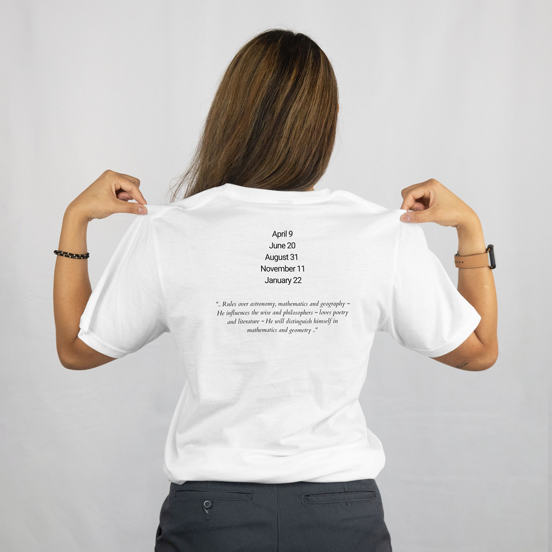 Attributes of No.21 NELCHAHEL Shem Hamephorash Guardian Angel written on the back of a white T-Shirt.