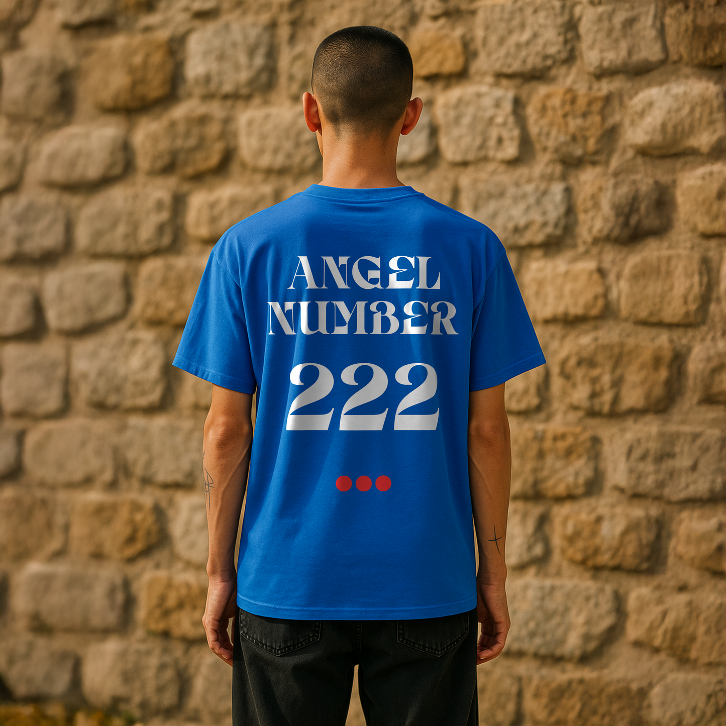 Person wearing a blue t-shirt with 'ANGEL NUMBER 222' text against a stone wall.