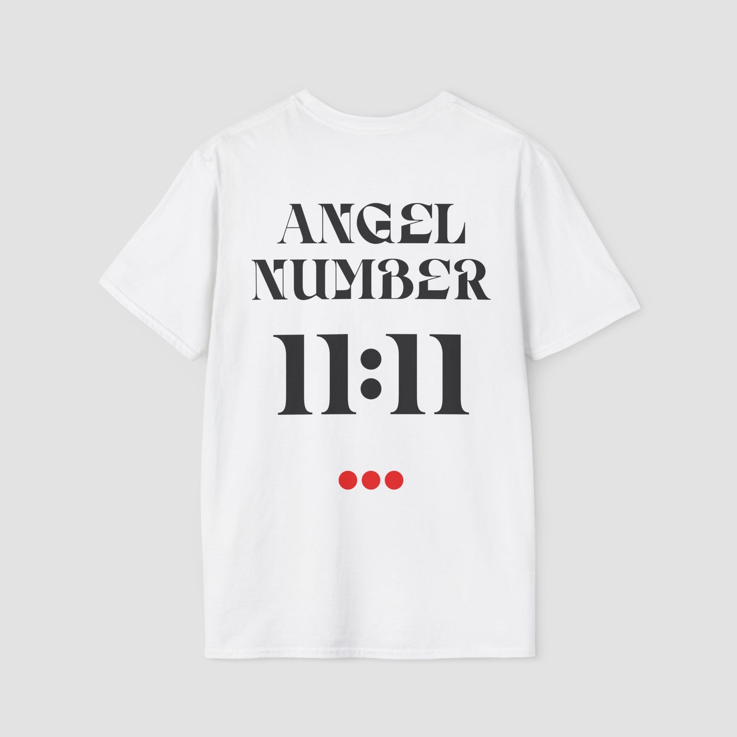 White t-shirt with 'ANGEL NUMBER 11:11' text on a light gray background