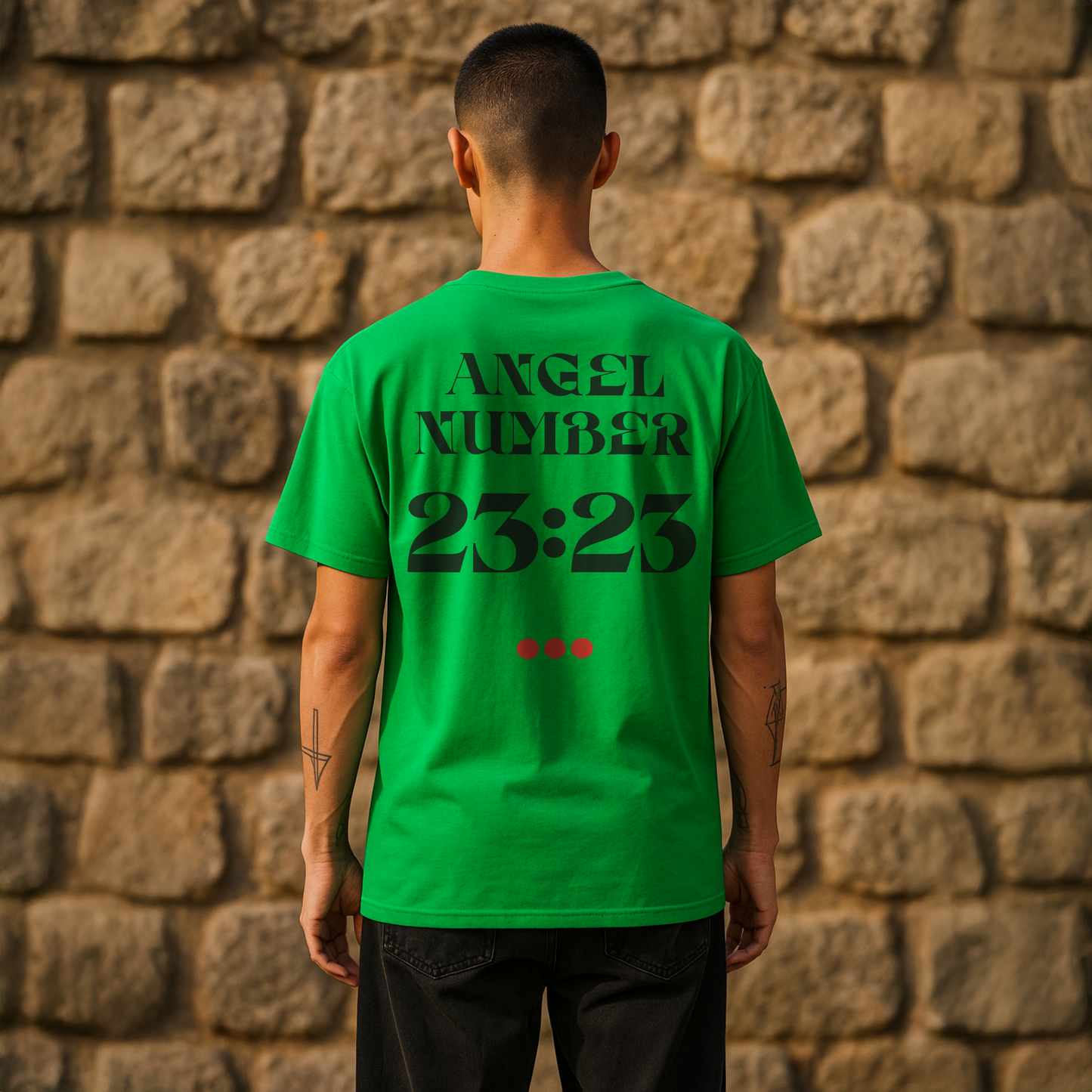 Model wearing an Irish Green Tee with Angel Number 23:23 depicted on the back in black print and underscored by 3 red dots. A slogan is written across the front saying, "Read the signs" .
