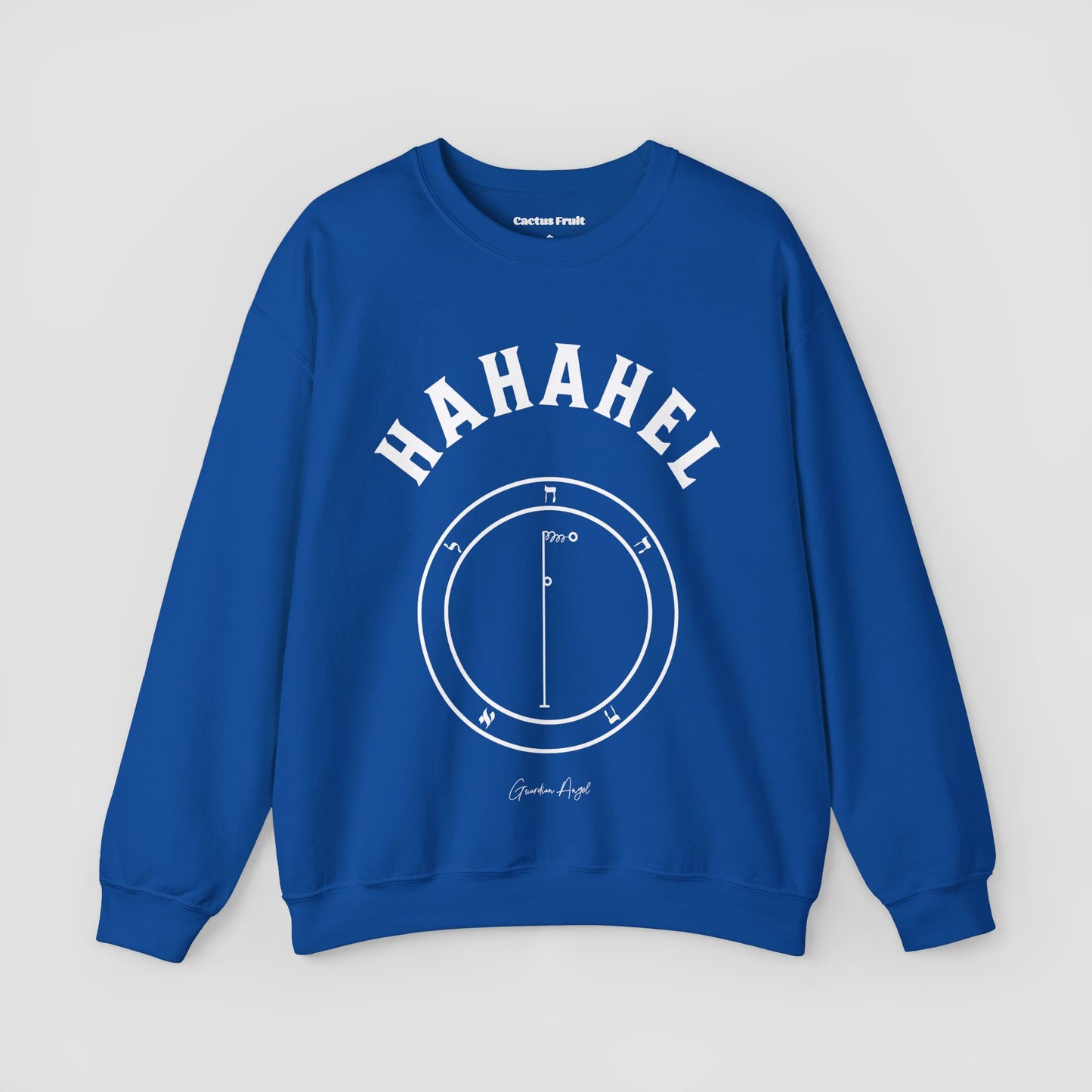 No.41 Shemhamphorasch Guardian Angel "Hahahel" Sweatshirt in Royal Blue. With the seal of Hahahel in white print on the front.
