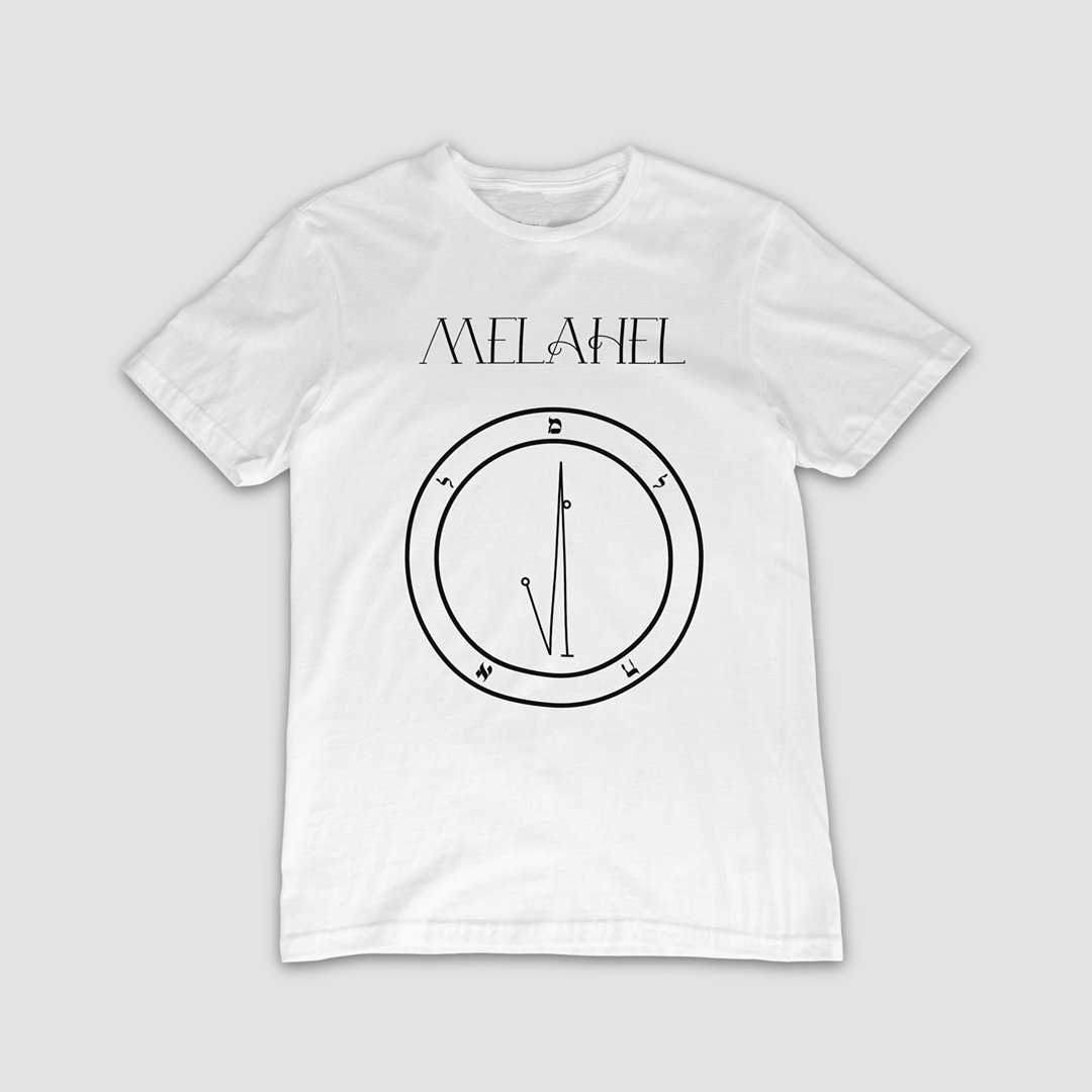 No.23 MELAHEL Shem Hamephorash Guardian Angel T-Shirt in White with symbol of MELAHEL on front.
