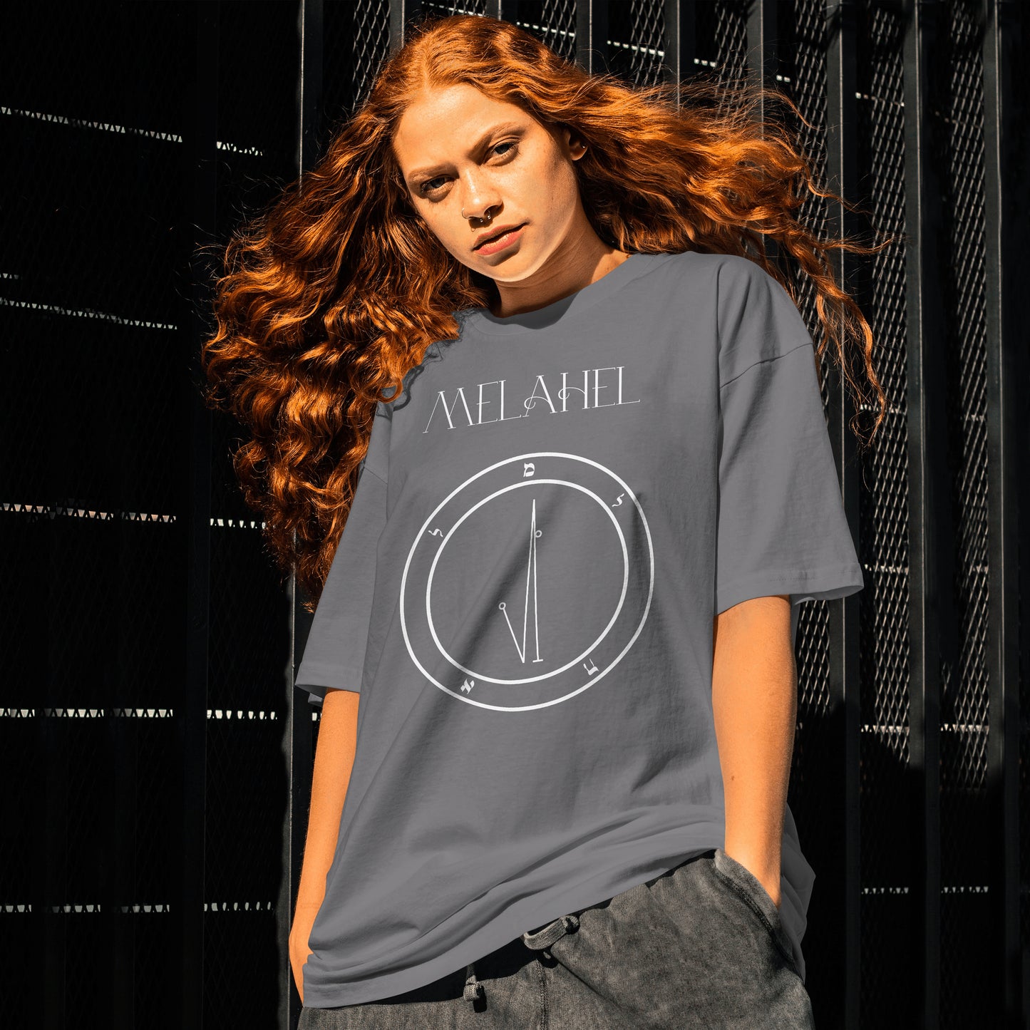 No.23 MELAHEL Shem Hamephorash Guardian Angel T-Shirt in charcoal with symbol of MELAHEL on front.