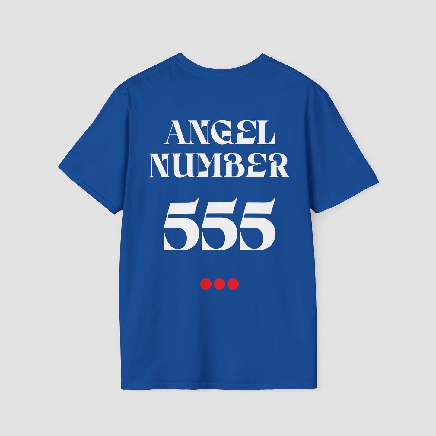 Blue t-shirt with 'ANGEL NUMBER 555' printed on the back against a light gray background