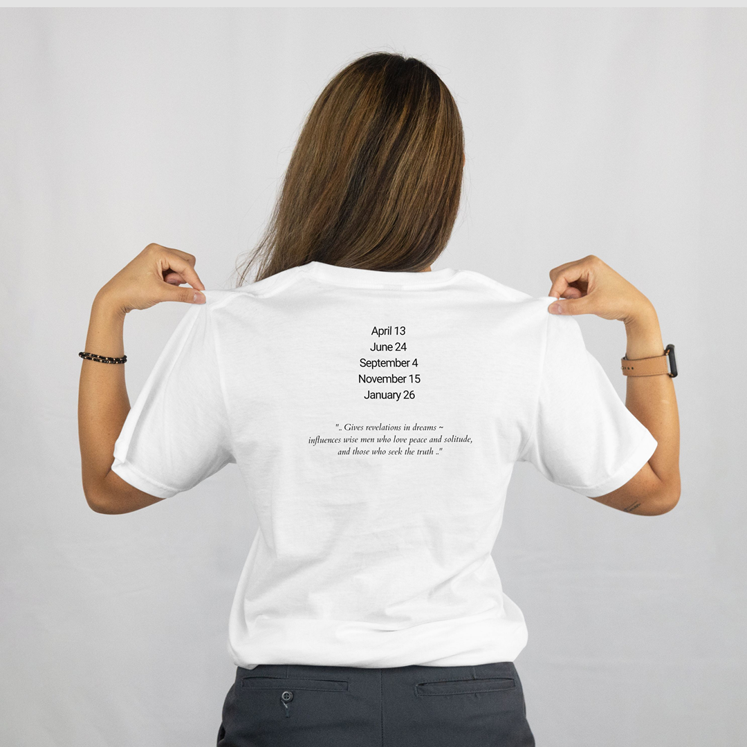 Attributes of No.25 Nith-Haiah Shem Hamephorash Guardian Angel written on the back of a white T-Shirt.