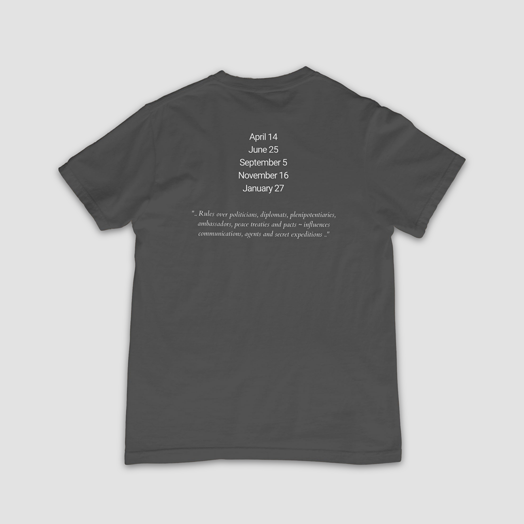 Attributes of No.26 Haaiah Shem Hamephorash Guardian Angel written on the back of a charcoal T-Shirt.