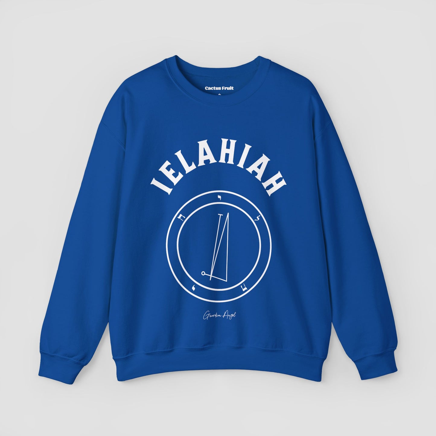 No.44 Shemhamphorasch Guardian Angel "Ielahiah" Sweatshirt in Royal Blue. With the seal of Ielahiah in white print on the front.