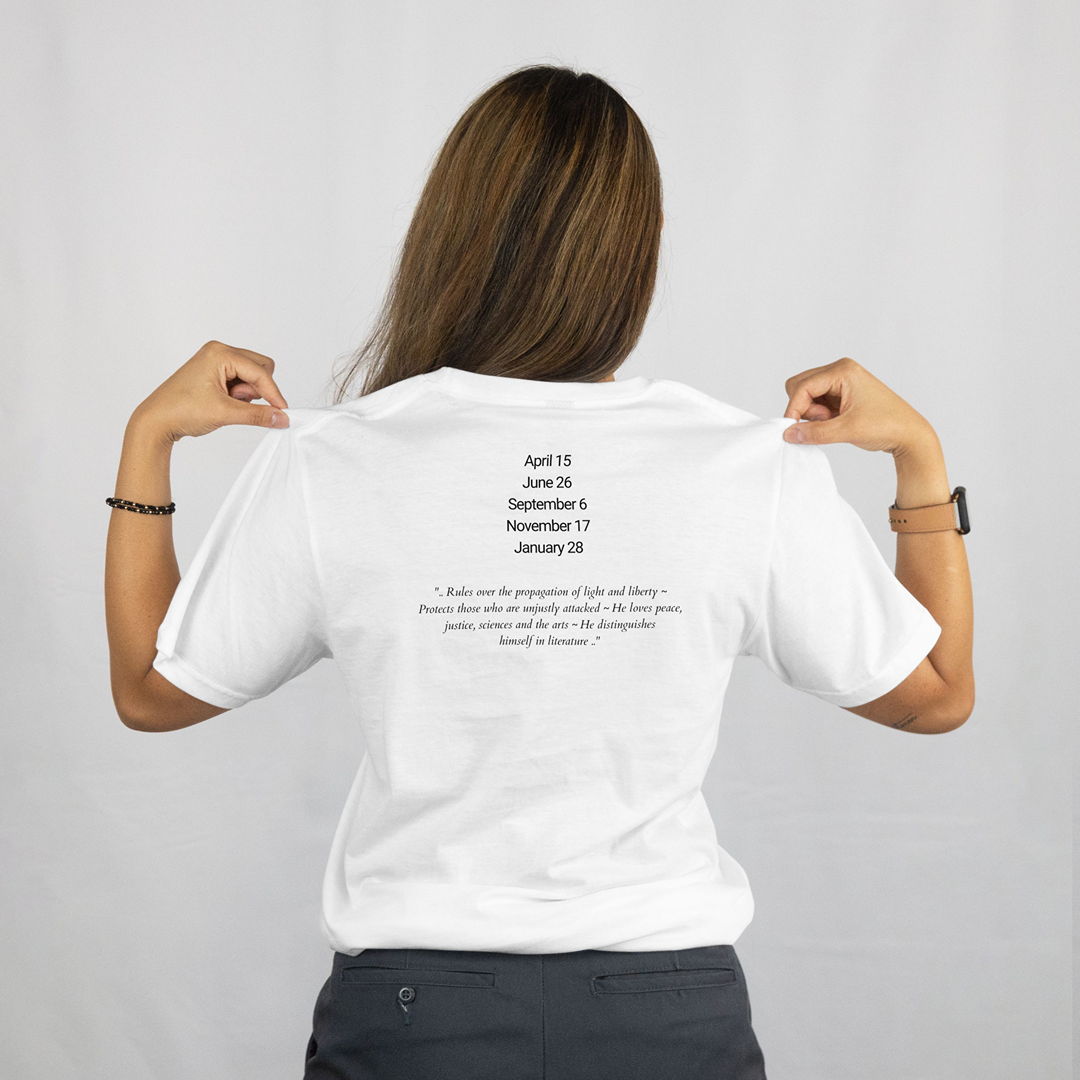 Attributes of No.27 Ierathel Shem Hamephorash Guardian Angel written on the back of a white T-Shirt.