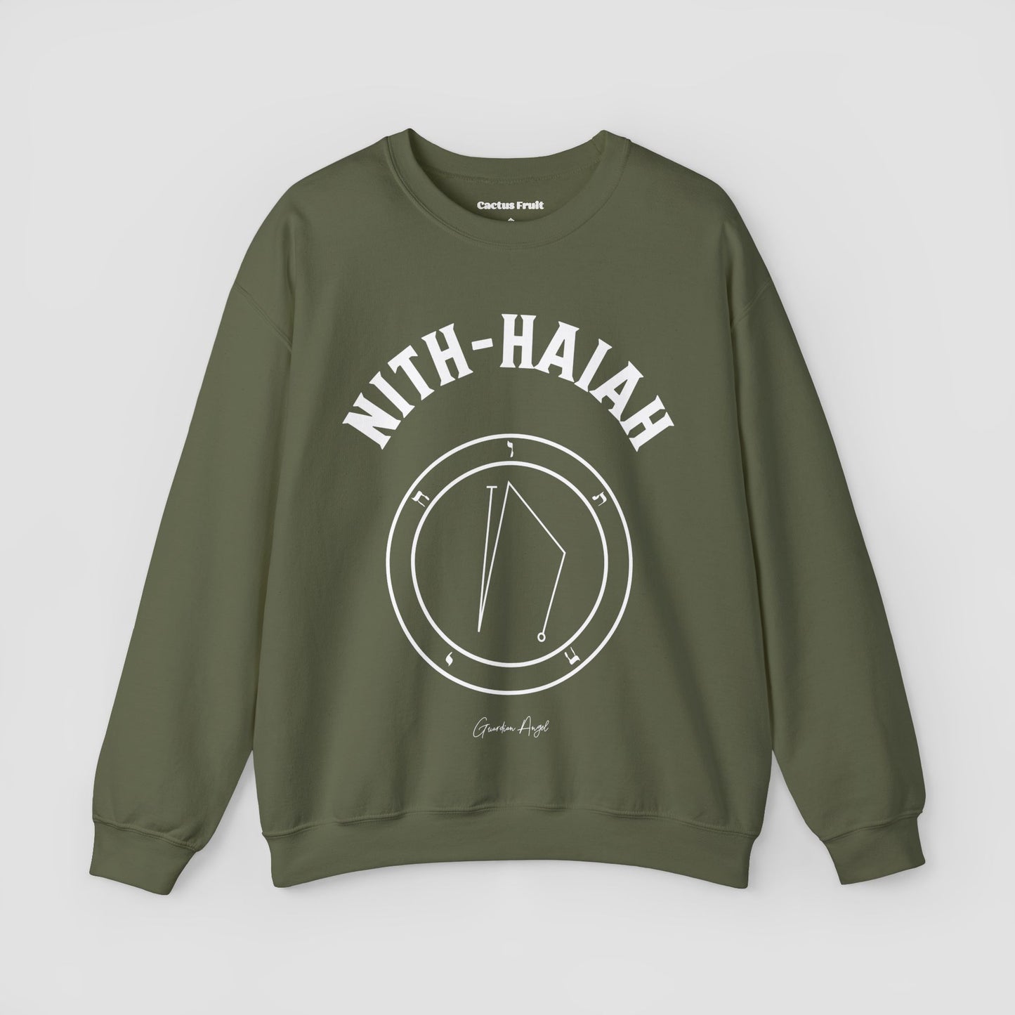 No.25 Shemhamphorasch Guardian Angel "Nith-Haiah" Sweatshirt in Military Green. With the seal of Nith-Haiah in white print on the front.