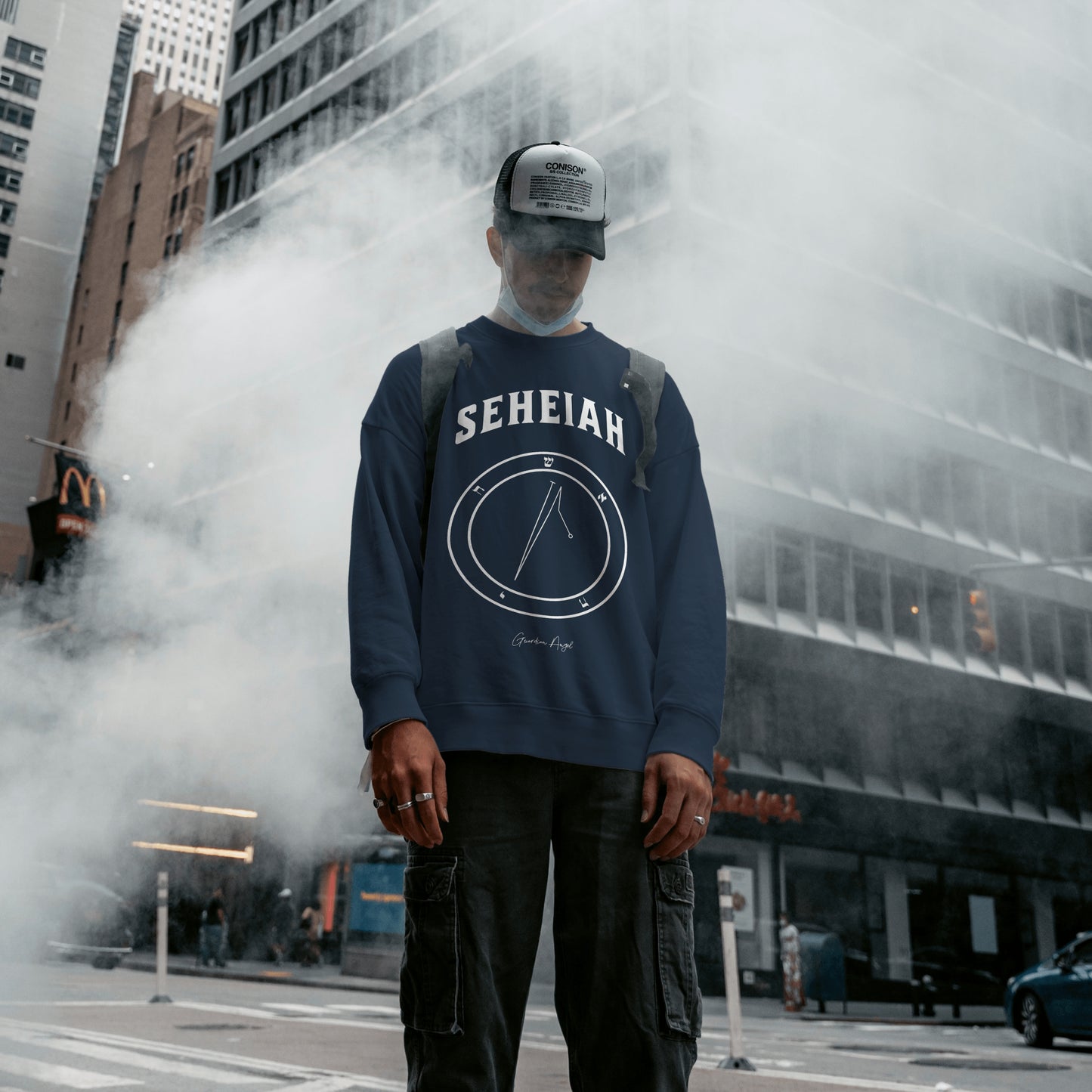 No.28 Shemhamphorasch Guardian Angel "Seheiah" Sweatshirt in Navy Blue. With the seal of Seheiah in white print on the front.