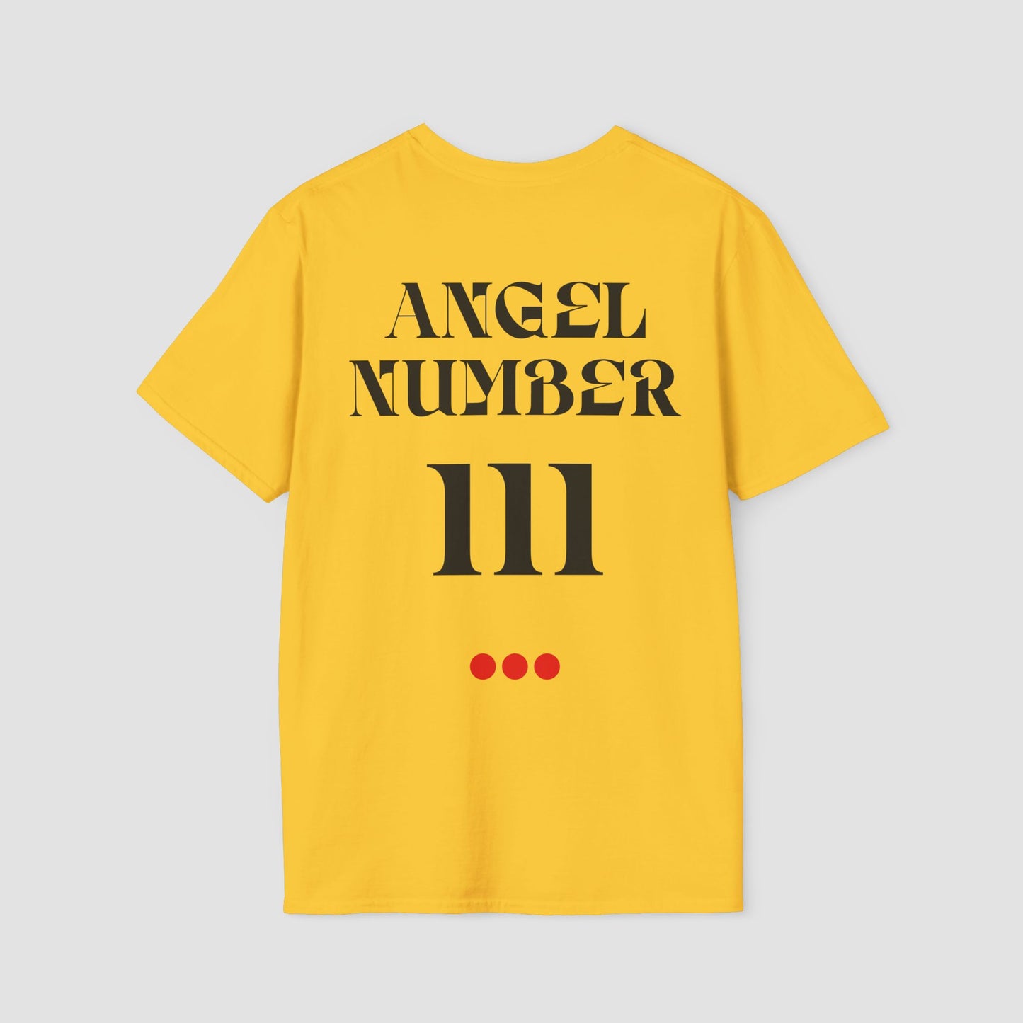 Yellow t-shirt with 'ANGEL NUMBER 111' printed on the back against a light gray background