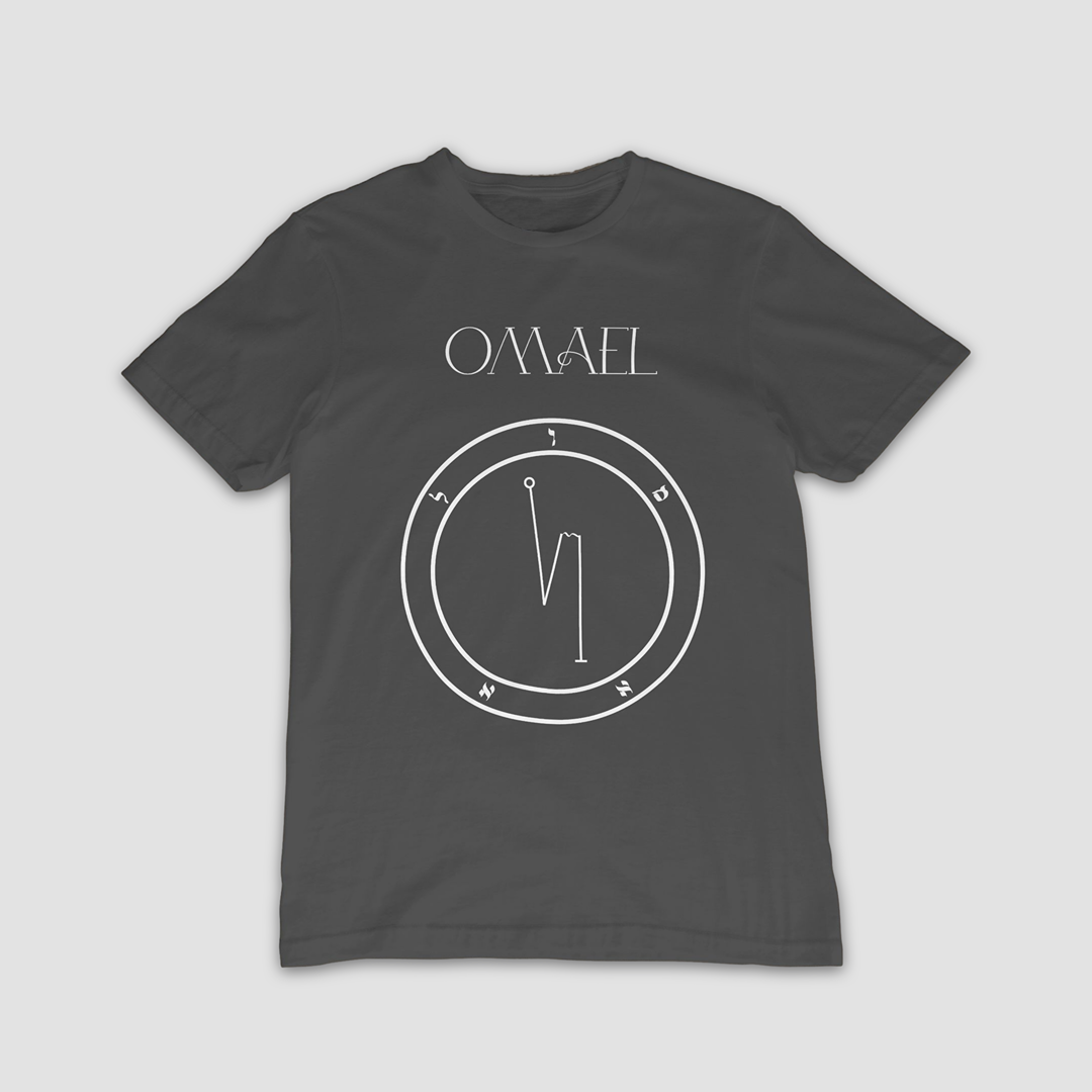 No.30 Omael Shem Hamephorash Guardian Angel T-Shirt in charcoal with symbol of Omael on front.
