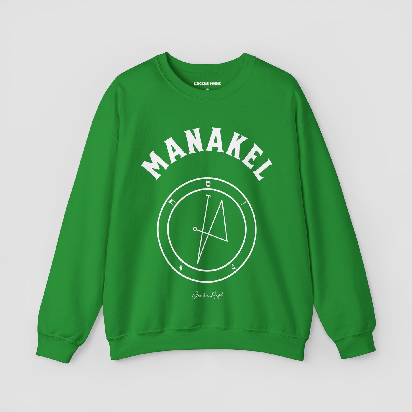 No.66 Shemhamphorasch Guardian Angel "Manakel" Sweatshirt in Irish Green. With the seal of Manakel in white print on the front.