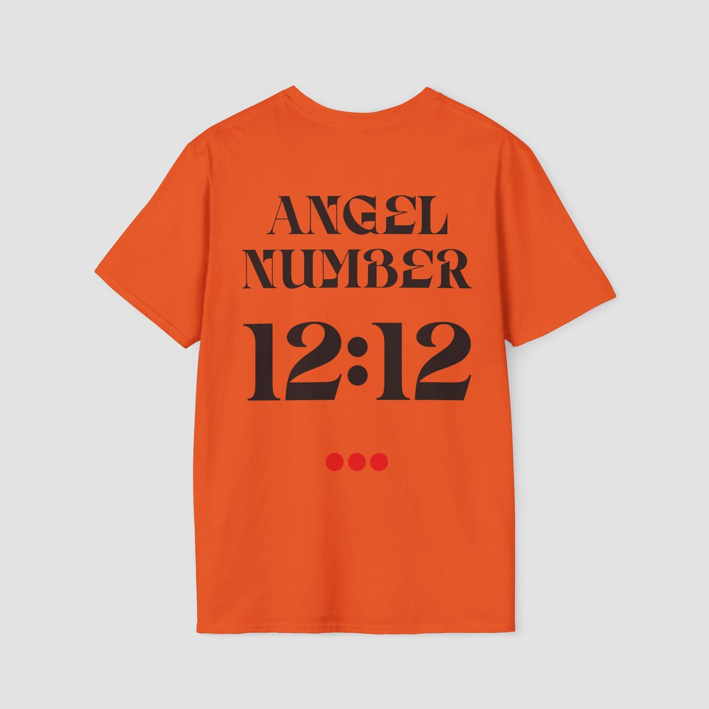 Orange t-shirt with 'ANGEL NUMBER 12:12' printed on the back against a light gray background