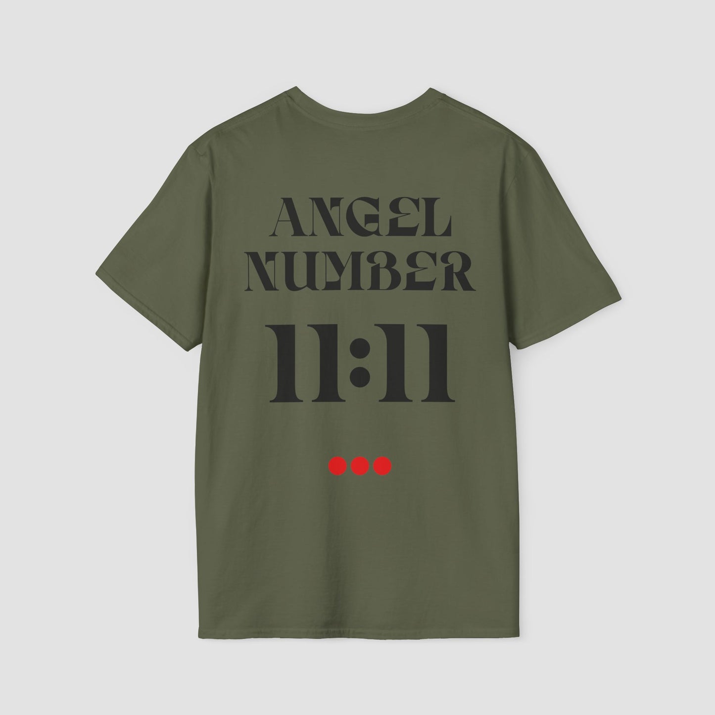 Green t-shirt with 'ANGEL NUMBER 11:11' text on a light gray background