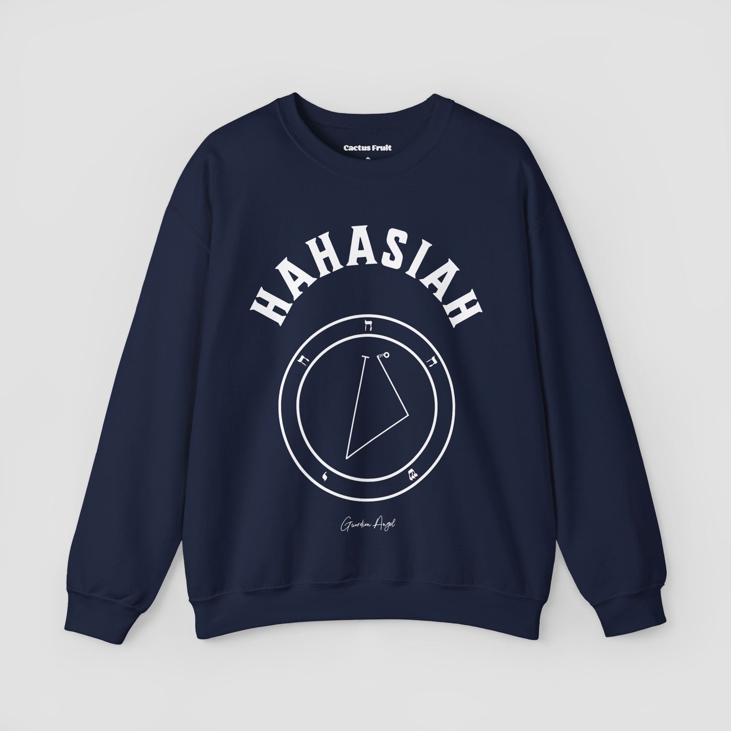 No.51 Shemhamphorasch Guardian Angel "Hahasiah" Sweatshirt in Navy Blue. With the seal of Hahasiah in white print on the front.