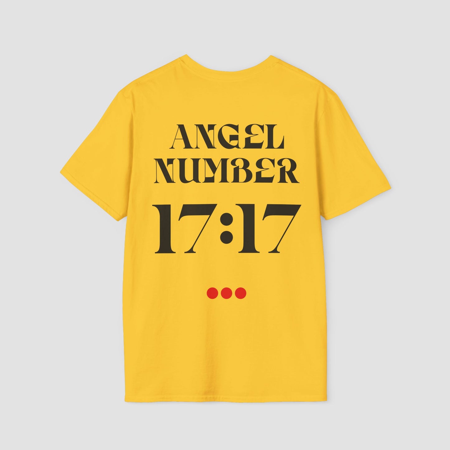 Yellow Tee with Angel Number 17:17 depicted on the back in black print and underscored by 3 red dots. A slogan is written across the front saying, "Read the signs" .