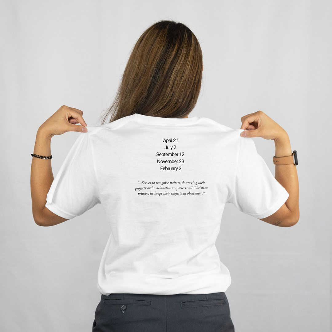 Attributes of No.34 Iehuiah Shem Hamephorash Guardian Angel written on the back of a white T-Shirt.