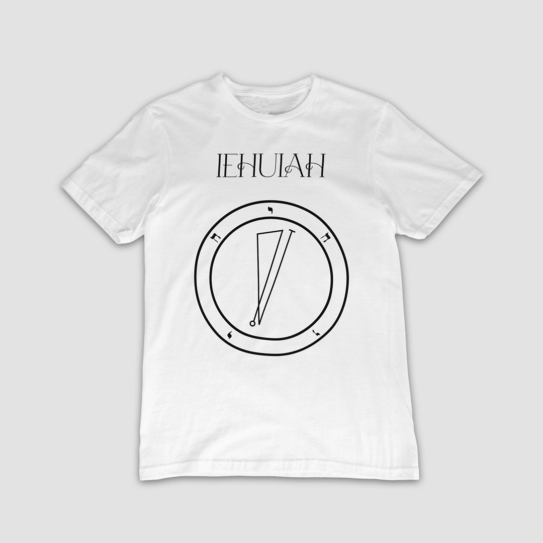 No.33 Iehuiah Shem Hamephorash Guardian Angel T-Shirt in White with symbol of Iehuiah on front.