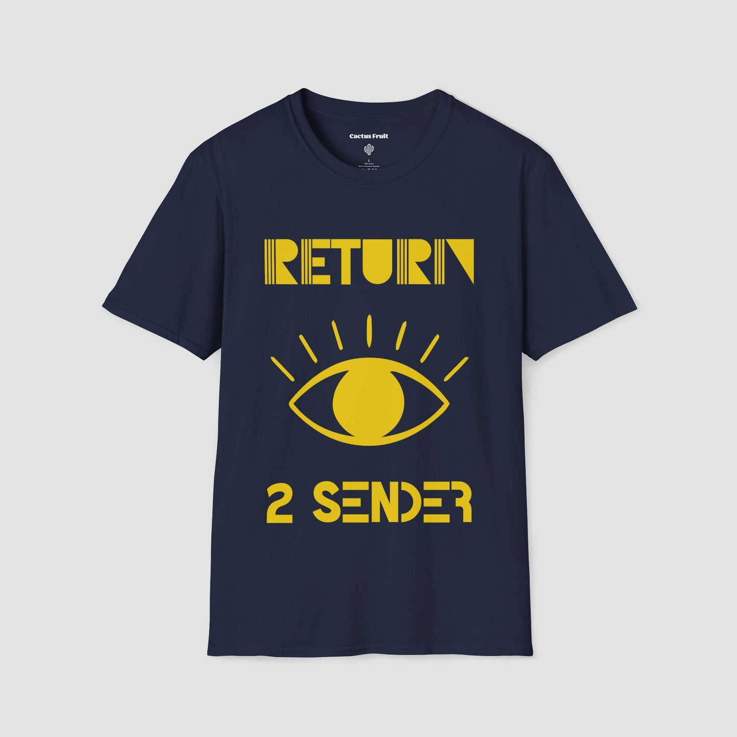 Navy T-shirt featuring the slogan Return 2 Sender in Yellow with a large Yellow evil eye in the centre.