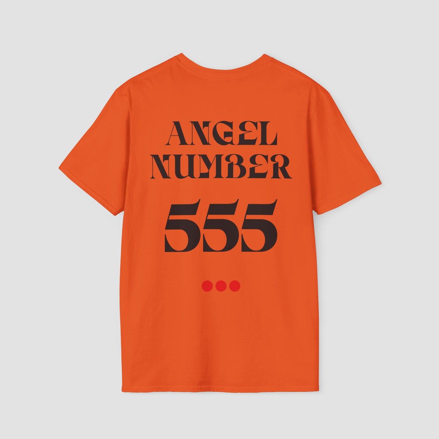 Orange t-shirt with 'ANGEL NUMBER 555' printed on the back against a light gray background