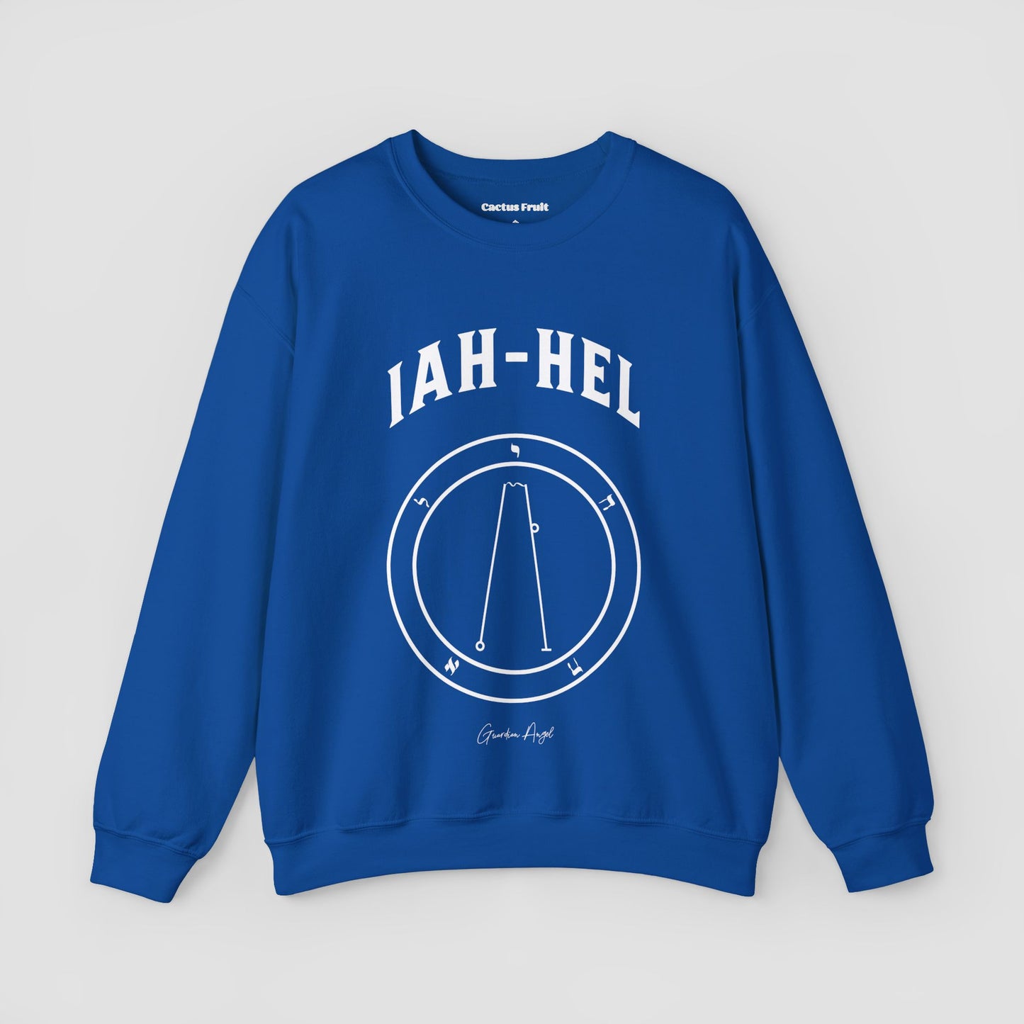 No.62 Shemhamphorasch Guardian Angel "Iah-Hel" Sweatshirt in Royal Blue With the seal of Iah-Hel in white print on the front.