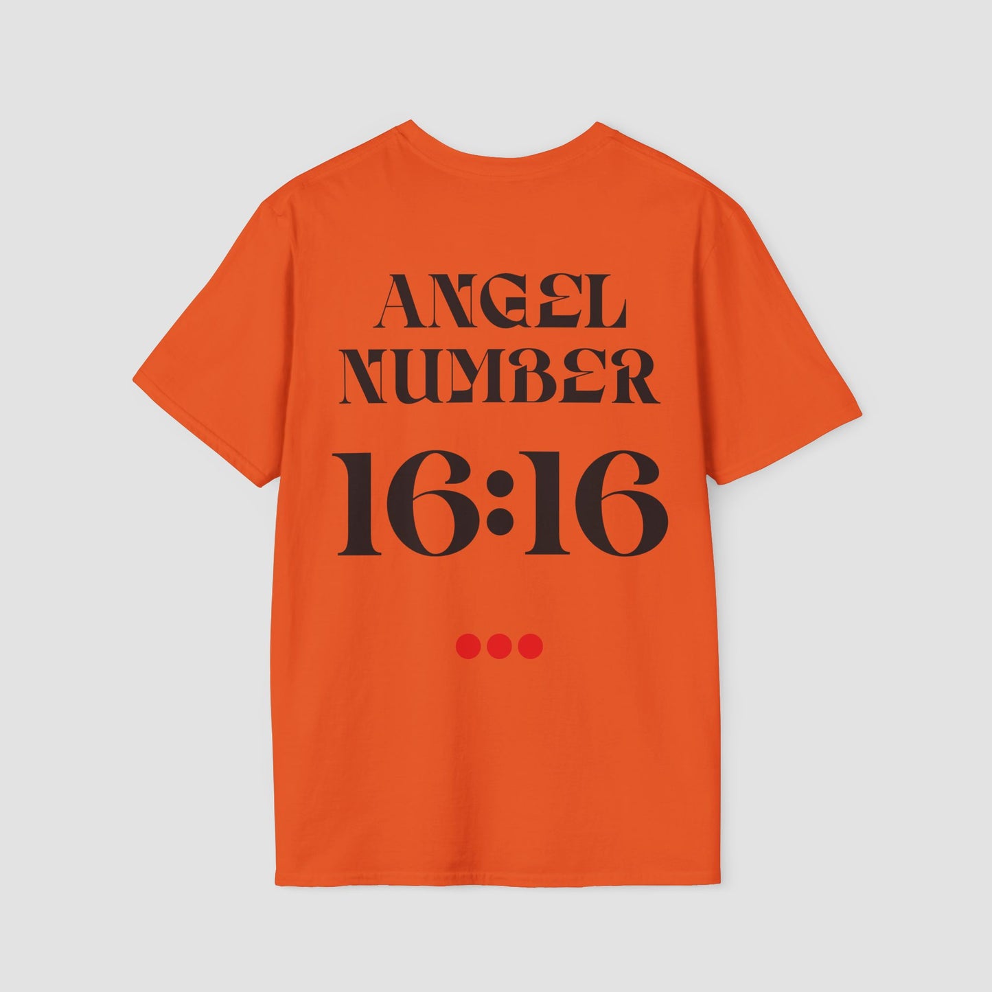 Orange t-shirt with 'ANGEL NUMBER 16:16' printed on the back against a light gray background