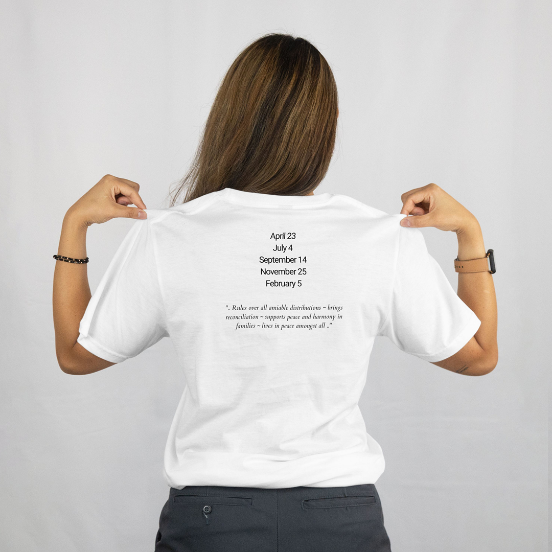 Attributes of No.38 Chavakiah Shem Hamephorash Guardian Angel written on the back of a white T-Shirt.