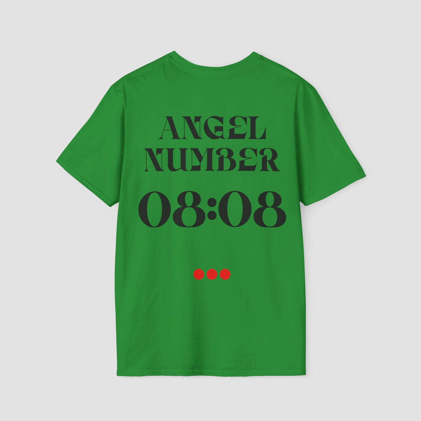 Green t-shirt with 'ANGEL NUMBER 08:08' printed on the back against a light gray background