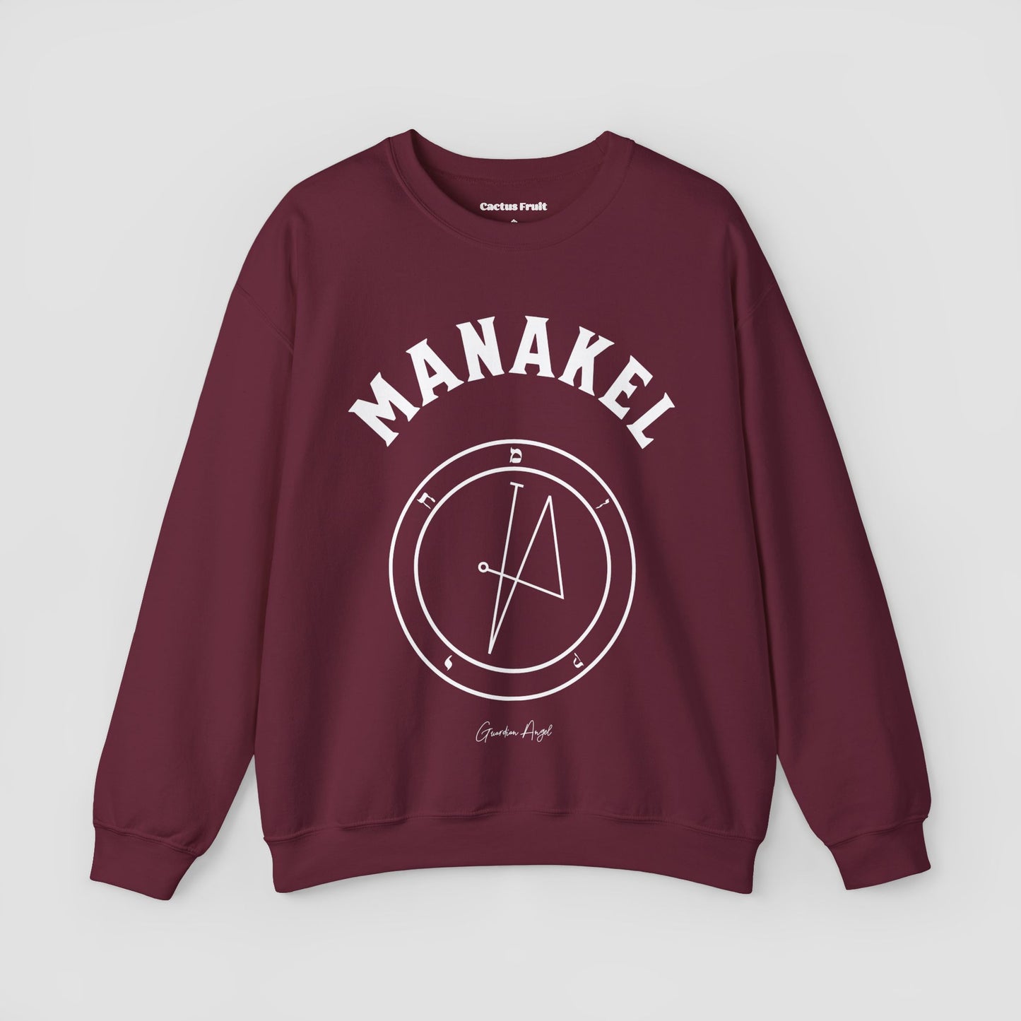 No.66 Shemhamphorasch Guardian Angel "Manakel" Sweatshirt in Maroon. With the seal of Manakel in white print on the front.