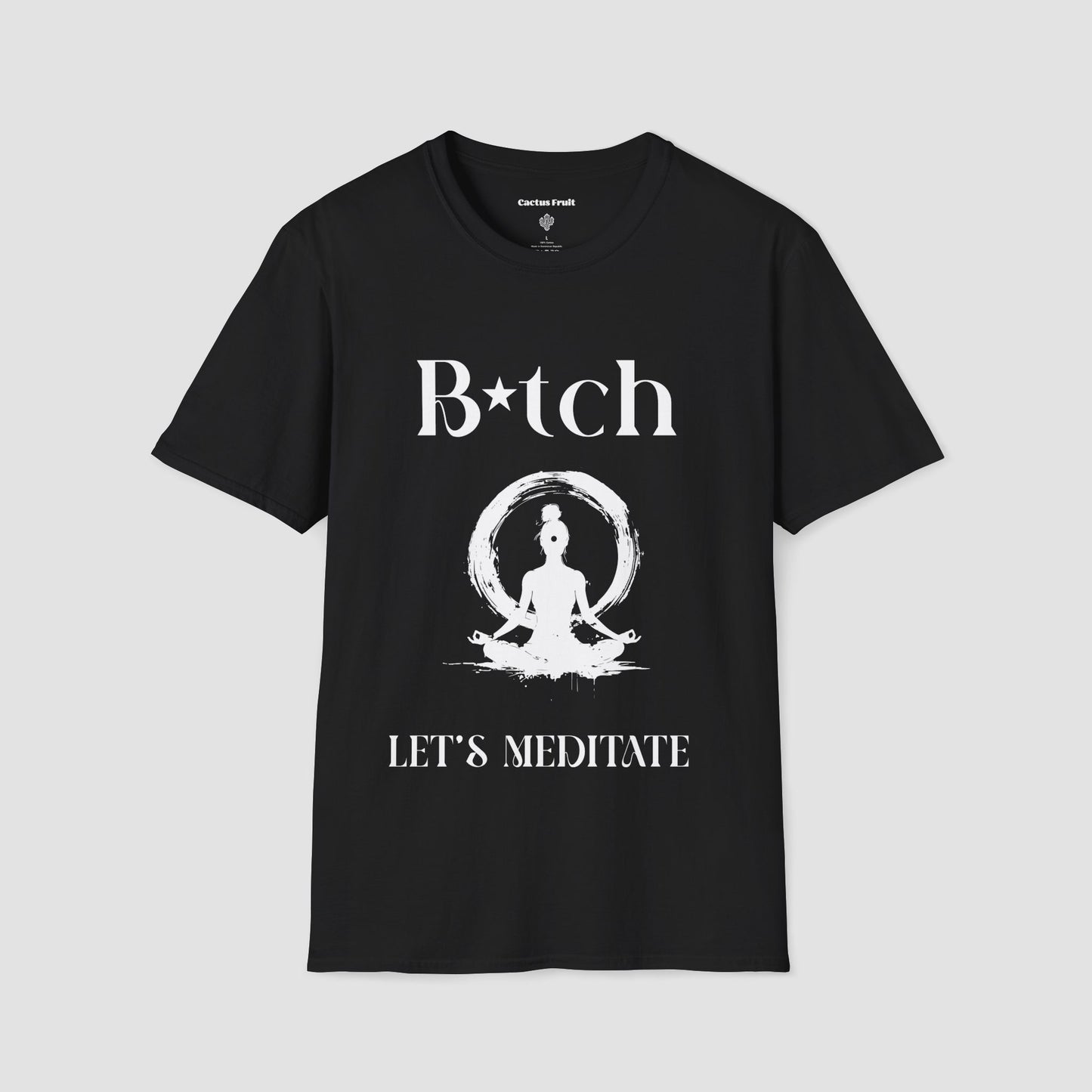 Black t-shirt with white silhouette of female sat in a Yoga pose and the words Bitch Let's Meditate.