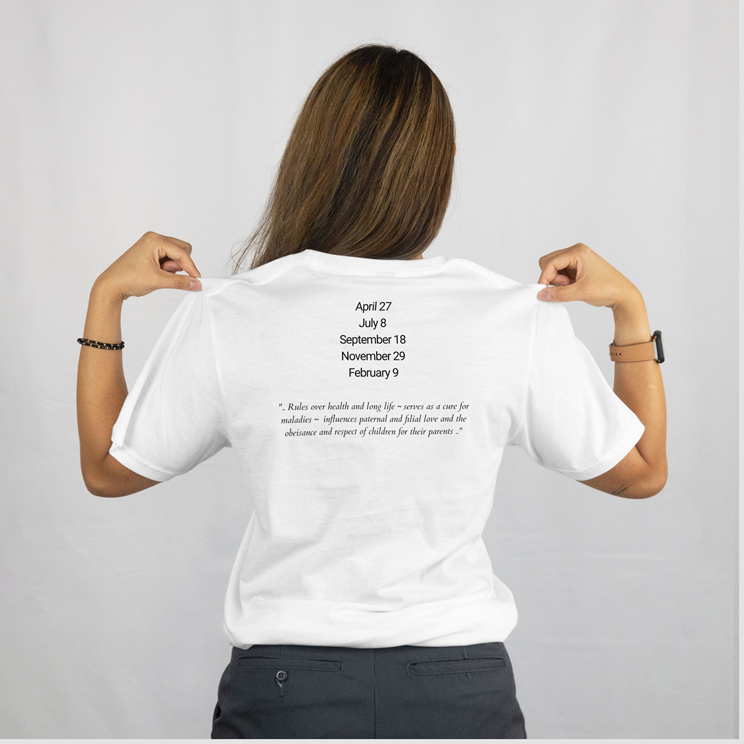 Attributes of No.39 Rehaell Shem Hamephorash Guardian Angel written on the back of a white T-Shirt.