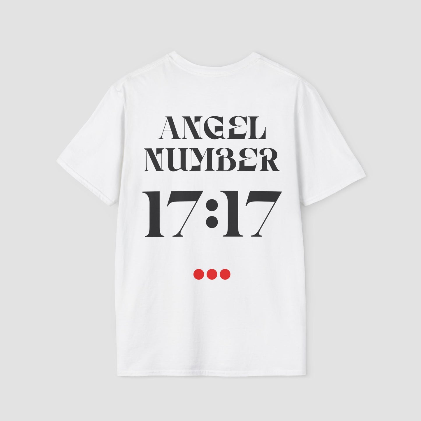 White Tee with Angel Number 17:17 depicted on the back in black print and underscored by 3 red dots. A slogan is written across the front saying, "Read the signs" .