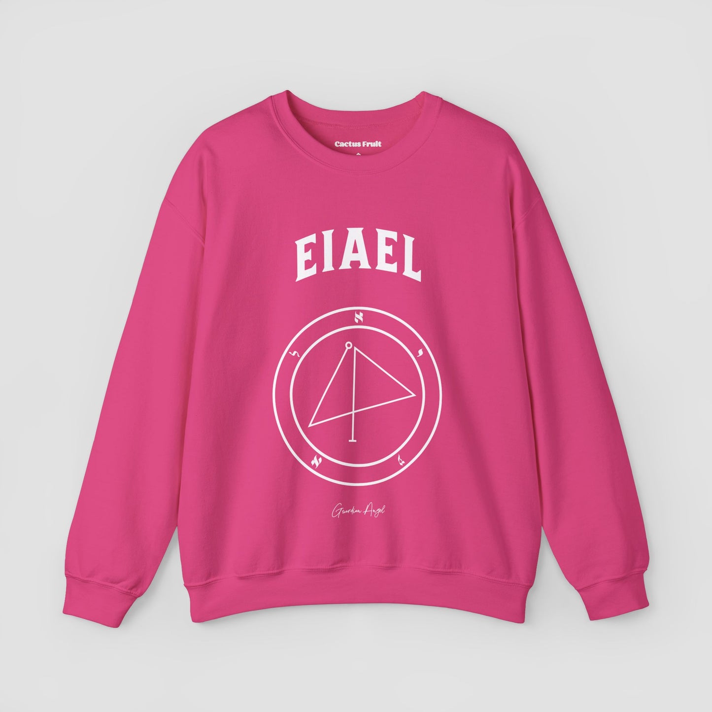 No.67 Shemhamphorasch Guardian Angel "Eiael" Sweatshirt in Heliconia Pink. With the seal of Eiael in white print on the front.