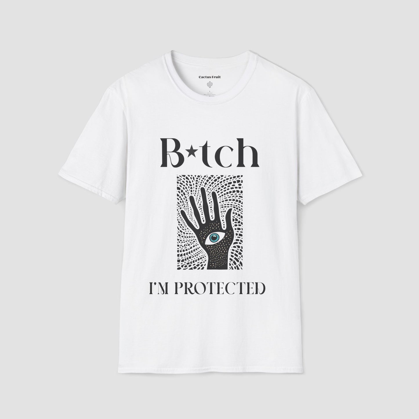 White t-shirt featuring the black silhouette of a hand with an evil eye emblem on the palm - surrounded by the slogan, "Bitch I'm Protected"