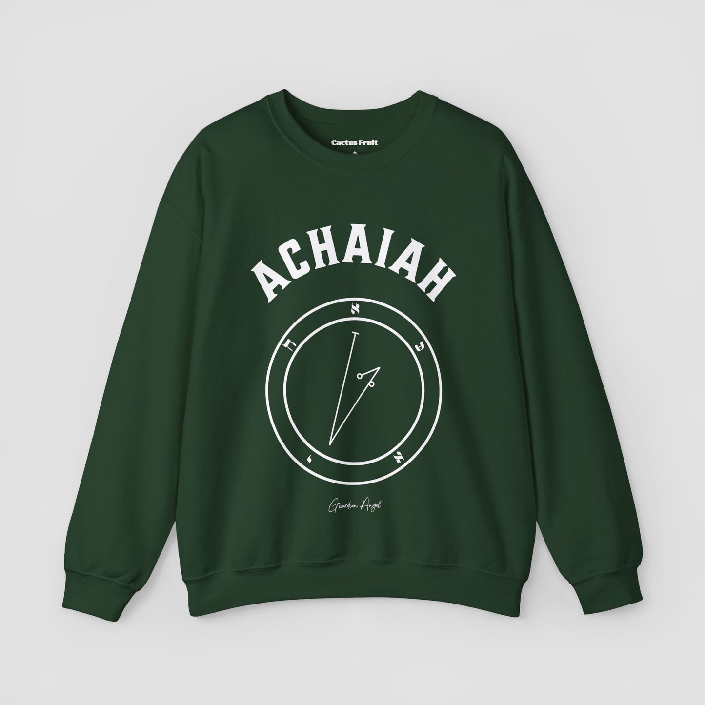 No.7 Shemhamphorasch Guardian Angel "Achaiah" Sweatshirt in Forrest Green. With the seal of Achaiah in white print on the front.