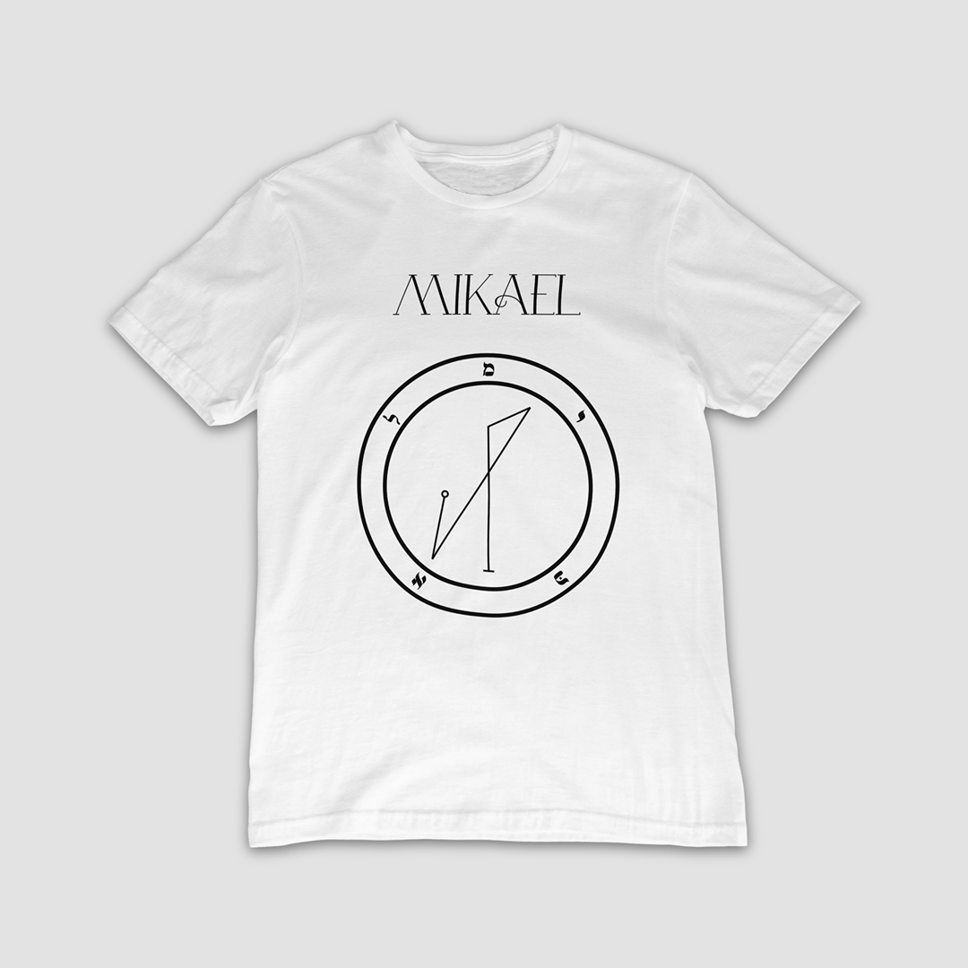 No.42 Mikael Shem Hamephorash Guardian Angel T-Shirt in White with symbol of Mikael on front.