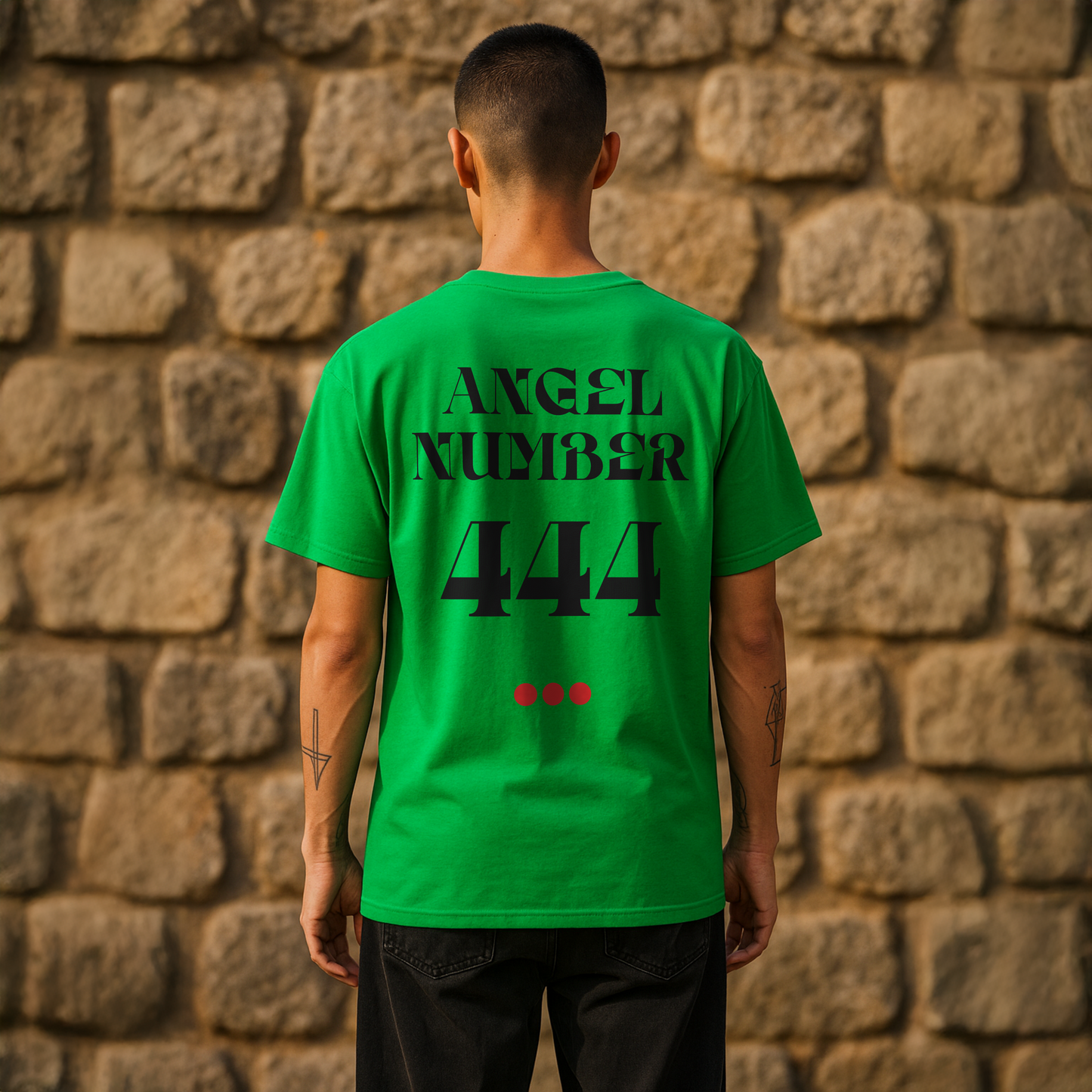 Person wearing a green t-shirt with 'ANGEL NUMBER 444' text on the back against a stone wall.