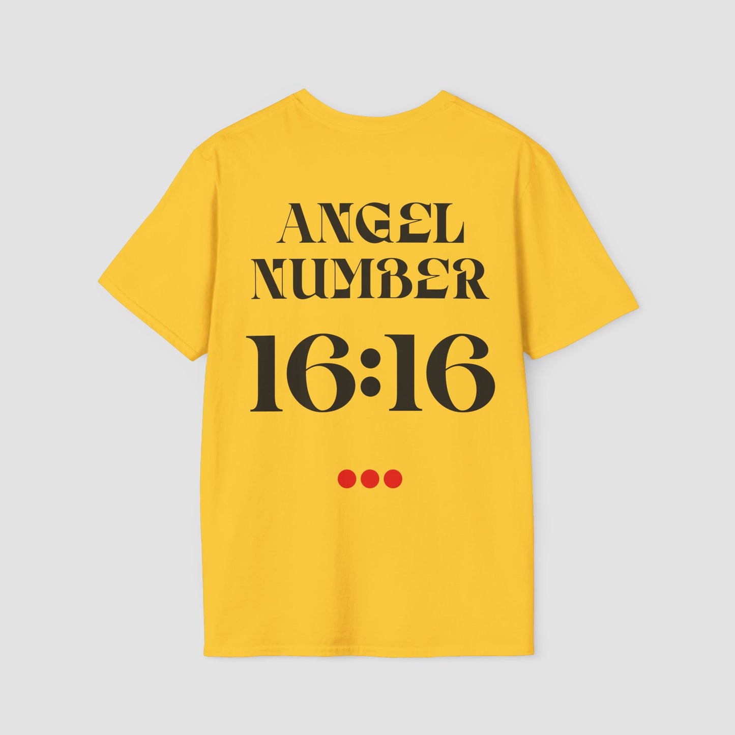 Yellow t-shirt with 'ANGEL NUMBER 16:16' printed on the back against a light gray background