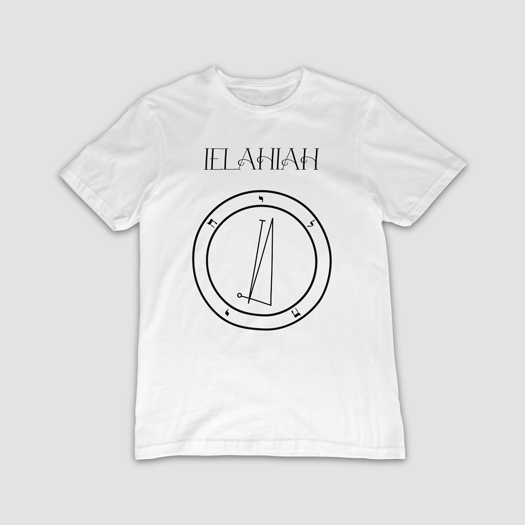 No.44 Ielahiah Shem Hamephorash Guardian Angel T-Shirt in White with symbol of Ielahiah on front.