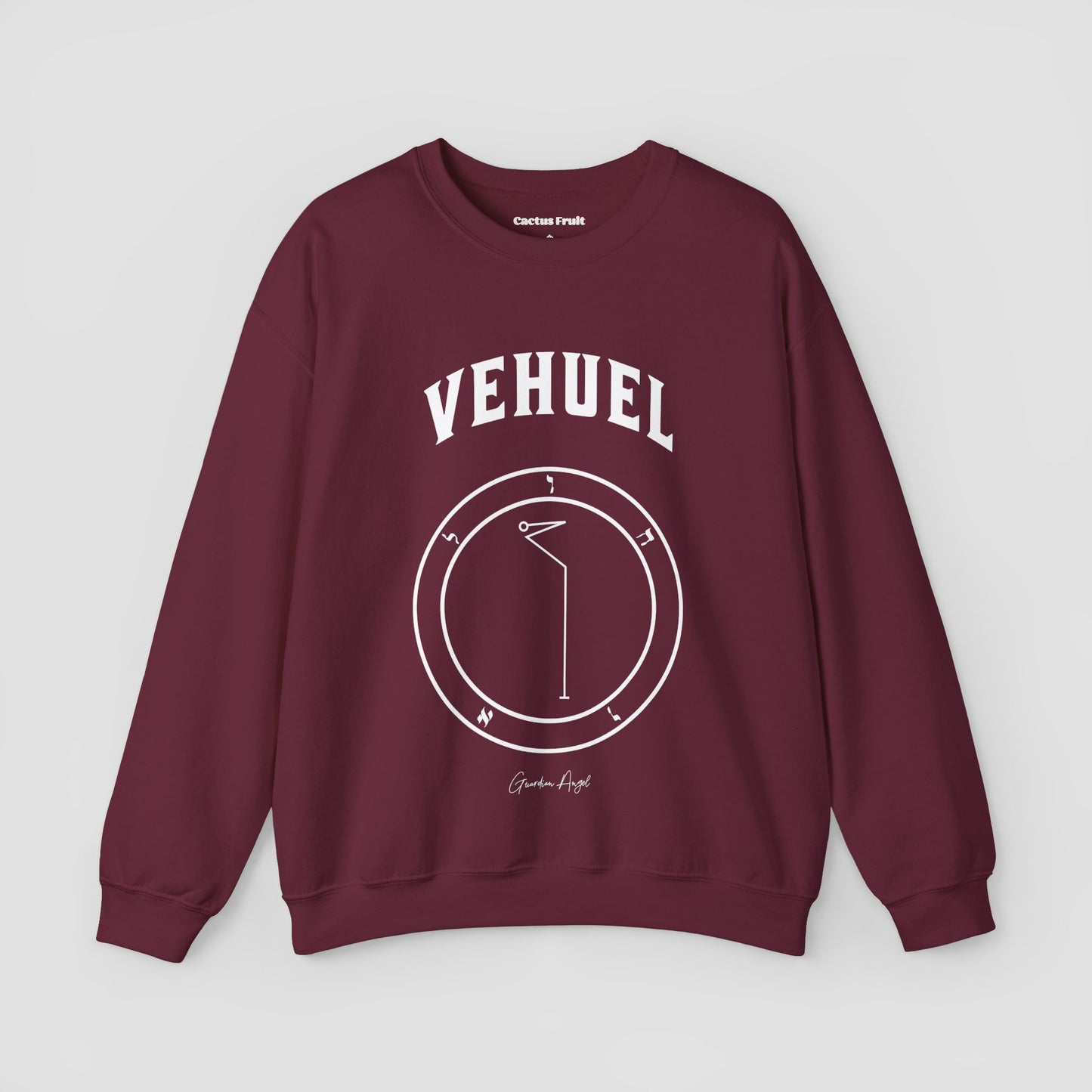 No.49 Shemhamphorasch Guardian Angel "Vehuel" Sweatshirt in Maroon . With the seal of Vehuel in white print on the front.