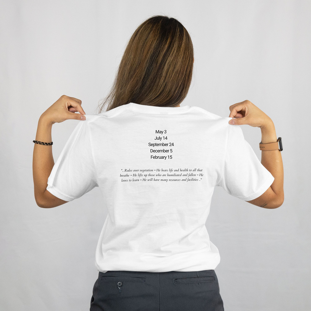 Attributes of No.45 Sealiah Shem Hamephorash Guardian Angel written on the back of a white T-Shirt.