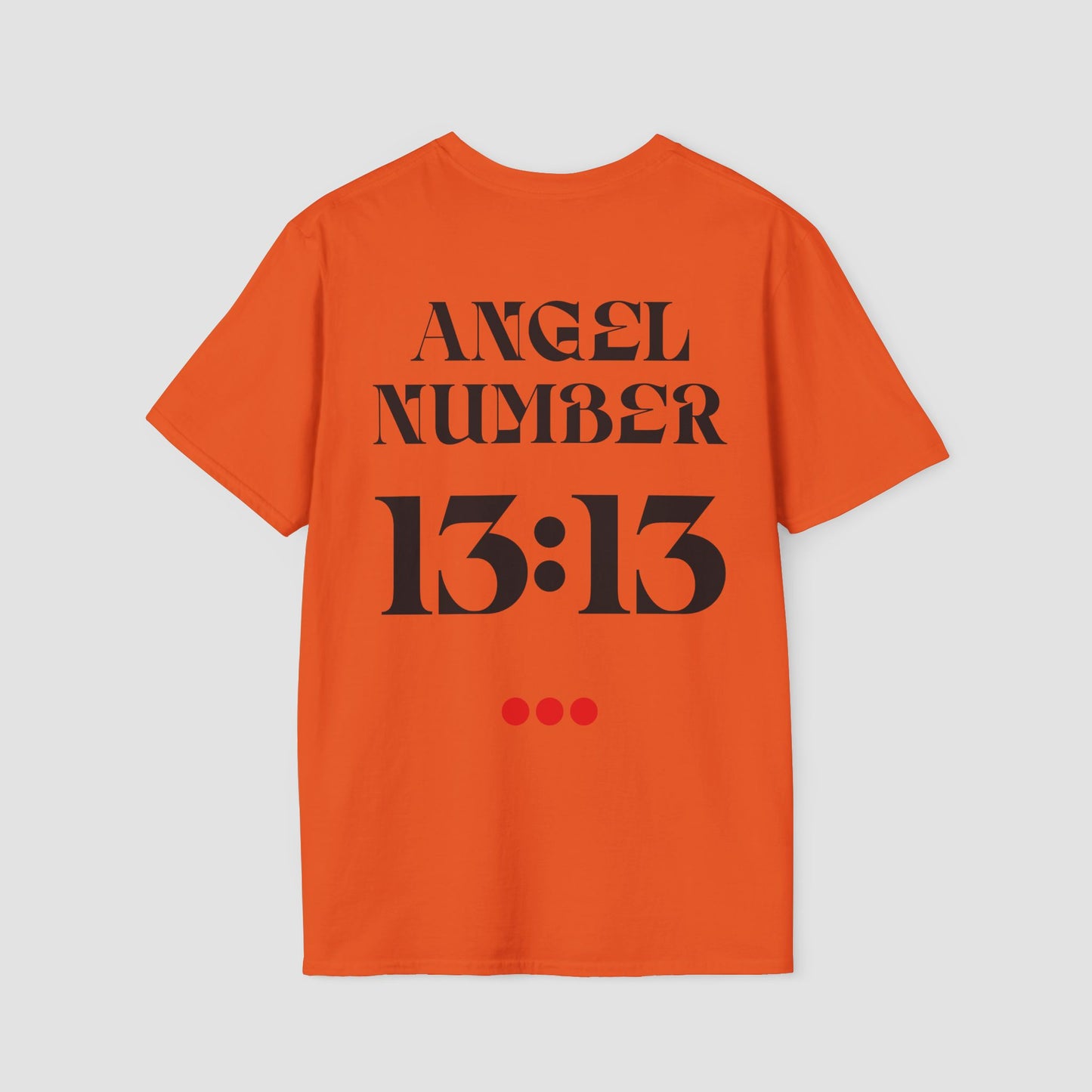 Orange t-shirt with 'ANGEL NUMBER 13:13' printed on the back against a light gray background