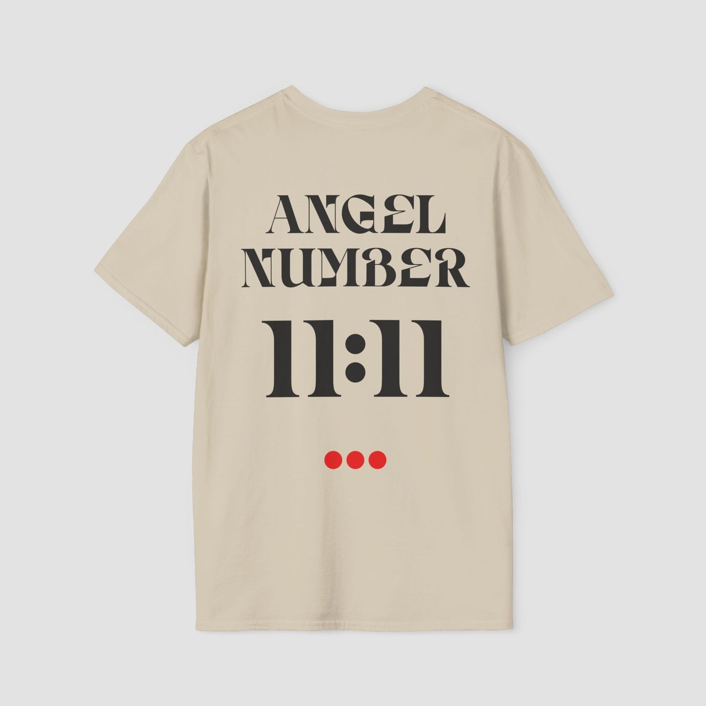 Beige t-shirt with 'ANGEL NUMBER 11:11' printed on the back against a light gray background