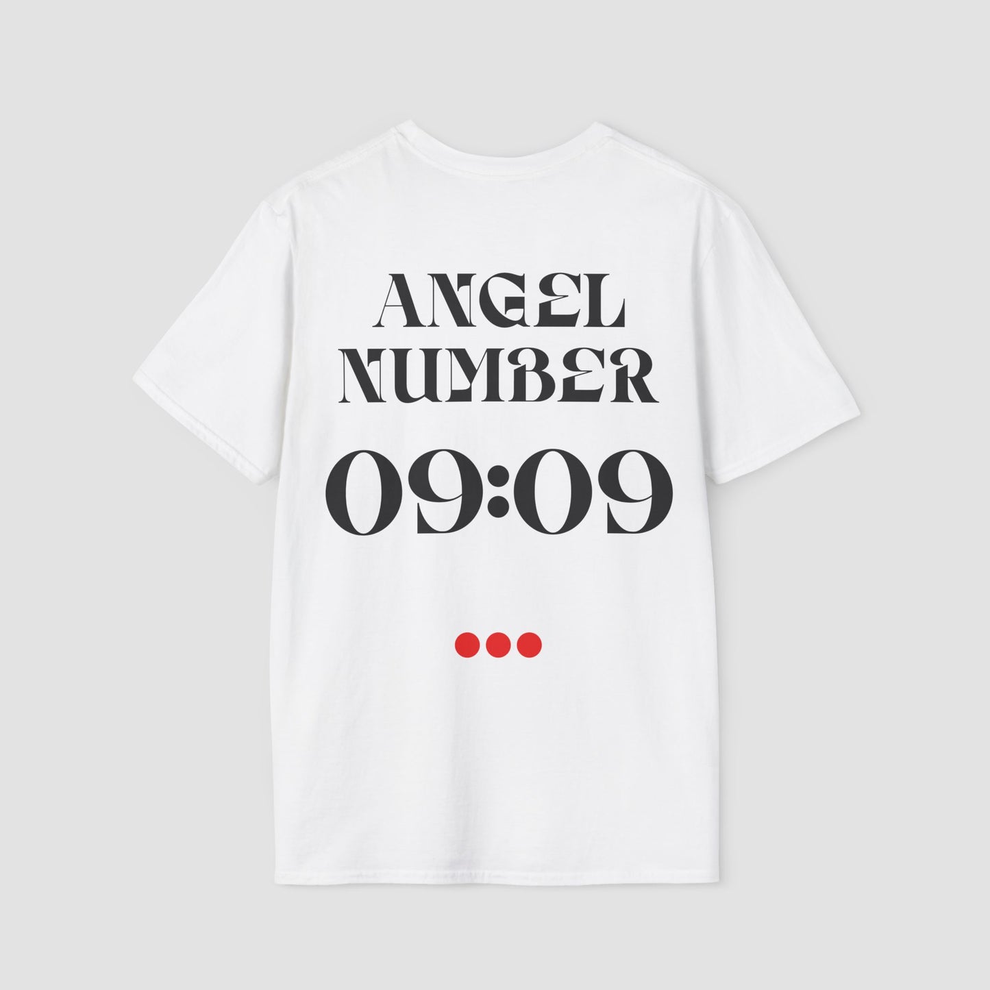 White t-shirt with 'ANGEL NUMBER 09:09' printed on a gray background