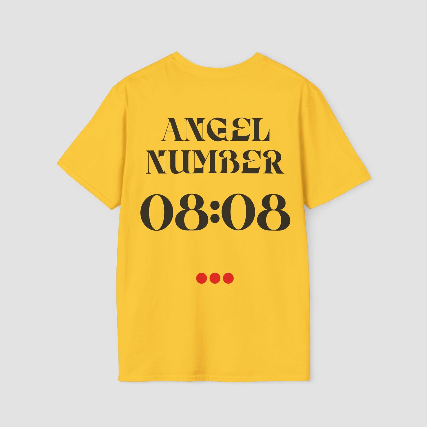 Yellow t-shirt with 'ANGEL NUMBER 08:08' printed on the back against a light gray background